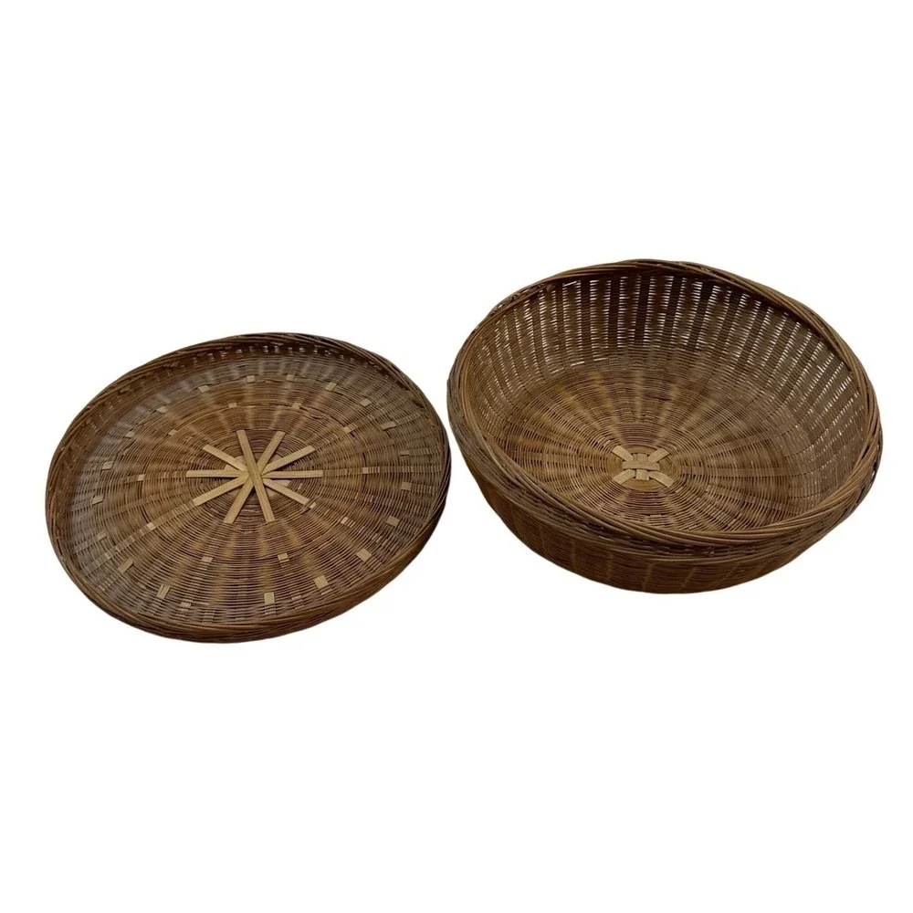Vintage Handmade Round Woven Wicker Basket Lid Natural Brown Boho Storage 9.5in